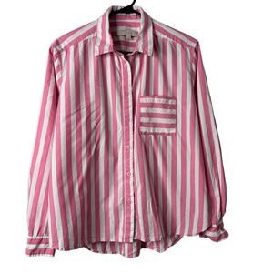 LOFT Striped Button Up Shirt Women’s Medium Pink Relaxed Fit Pockets
